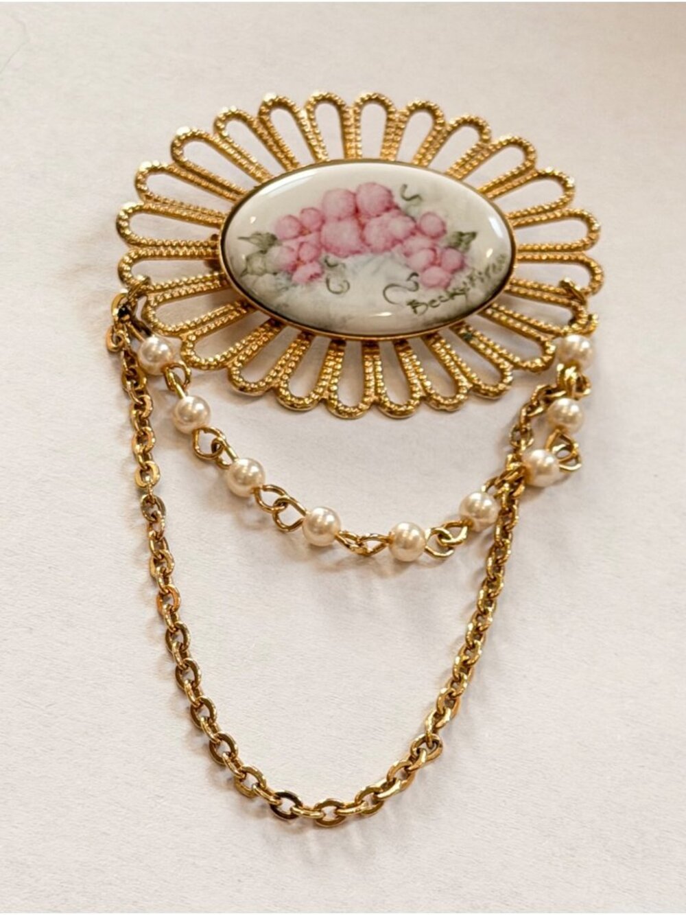 Vintage Gold Brooch With Hand-Painted Pink Floral Ceramic Center & Chain Accents